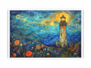 Dreamy lighthouse watercolor Canvas Print with moonlit coast