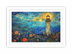 Dreamy lighthouse watercolor Canvas Print with moonlit coast