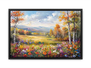 Autumn meadow landscape Canvas Print with wildflowers and mountains