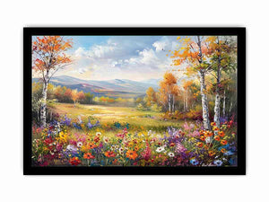 Autumn meadow landscape Canvas Print with wildflowers and mountains