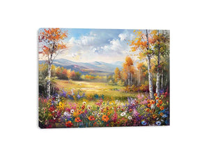 Autumn meadow landscape Canvas Print with wildflowers and mountains
