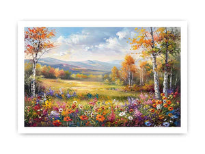 Autumn meadow landscape Canvas Print with wildflowers and mountains