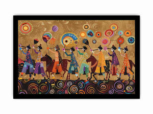 Colorful cultural procession Canvas Print with horses and folk patterns