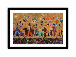Colorful cultural procession Canvas Print with horses and folk patterns