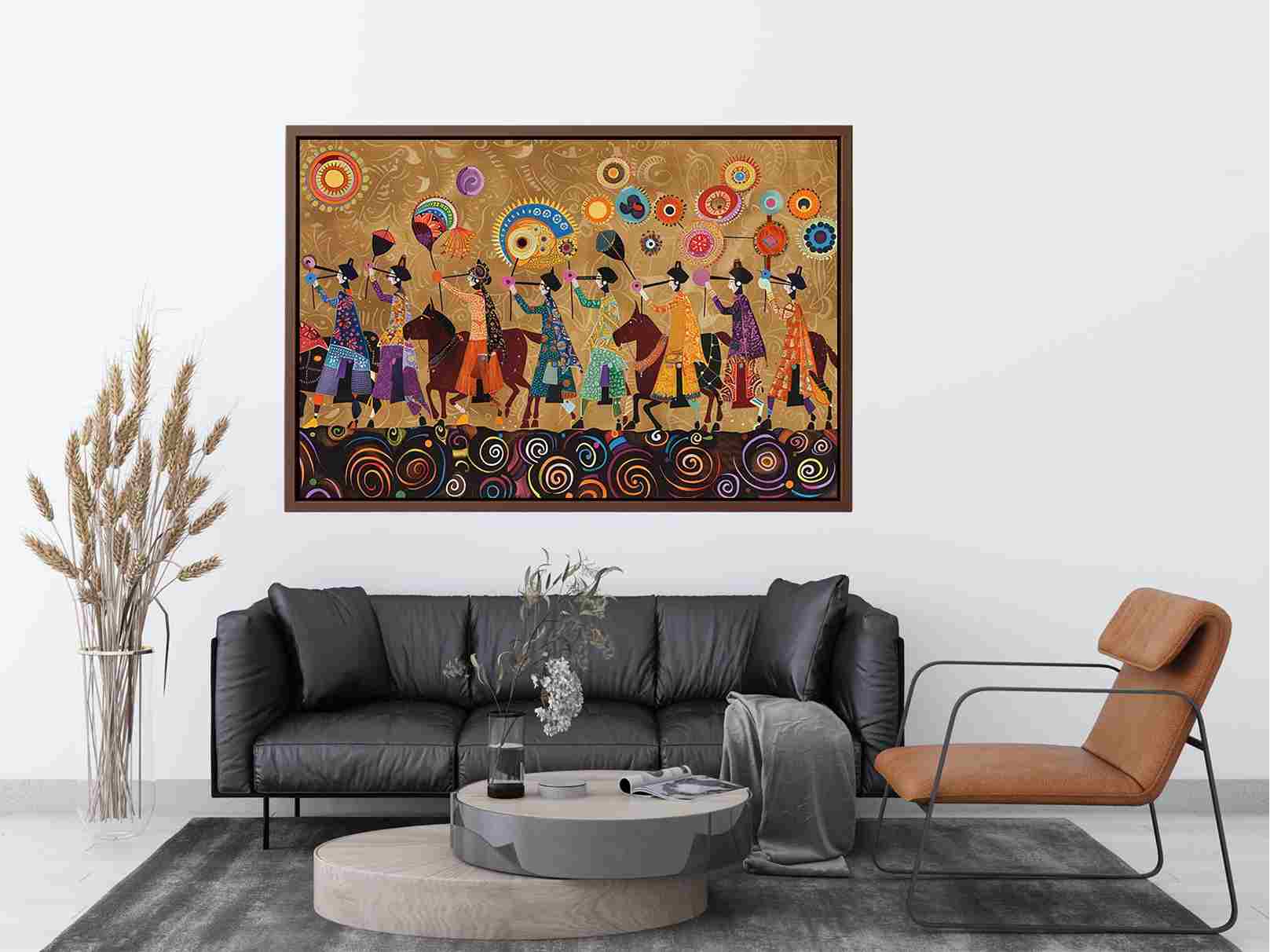 Colorful cultural procession Canvas Print with horses and folk patterns