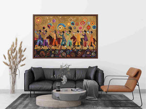 Colorful cultural procession Canvas Print with horses and folk patterns