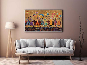 Colorful cultural procession Canvas Print with horses and folk patterns