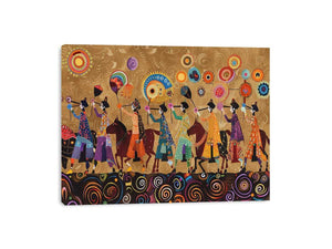 Colorful cultural procession Canvas Print with horses and folk patterns