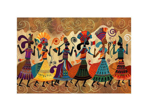 Colorful cultural dance artwork with patterned figures