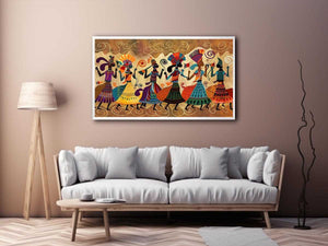 Colorful cultural dance artwork with patterned figures