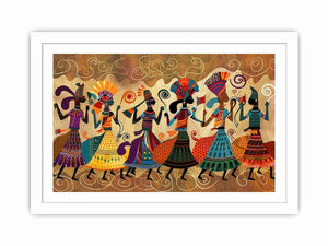 Colorful cultural dance artwork with patterned figures