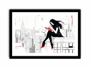 Fashion illustration Canvas Print with red accents and city skyline
