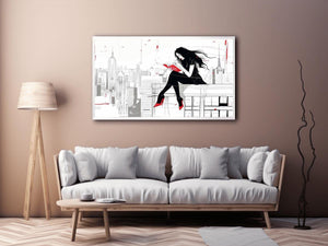 Fashion illustration Canvas Print with red accents and city skyline