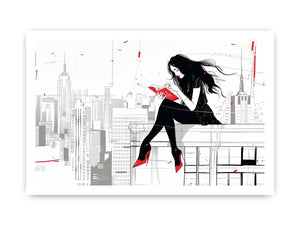Fashion illustration Canvas Print with red accents and city skyline