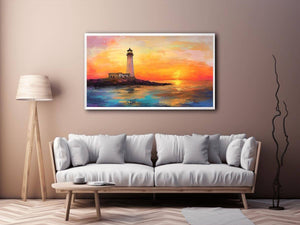 Sunset lighthouse Canvas Print with ocean reflections