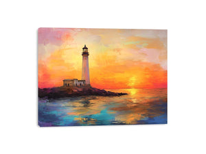 Sunset lighthouse Canvas Print with ocean reflections