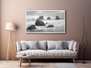 Black and white coastal landscape