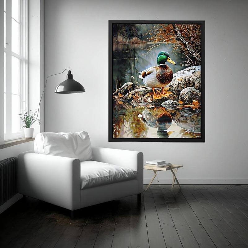Duck by lakeside reflection artwork for peaceful nature-inspired decor