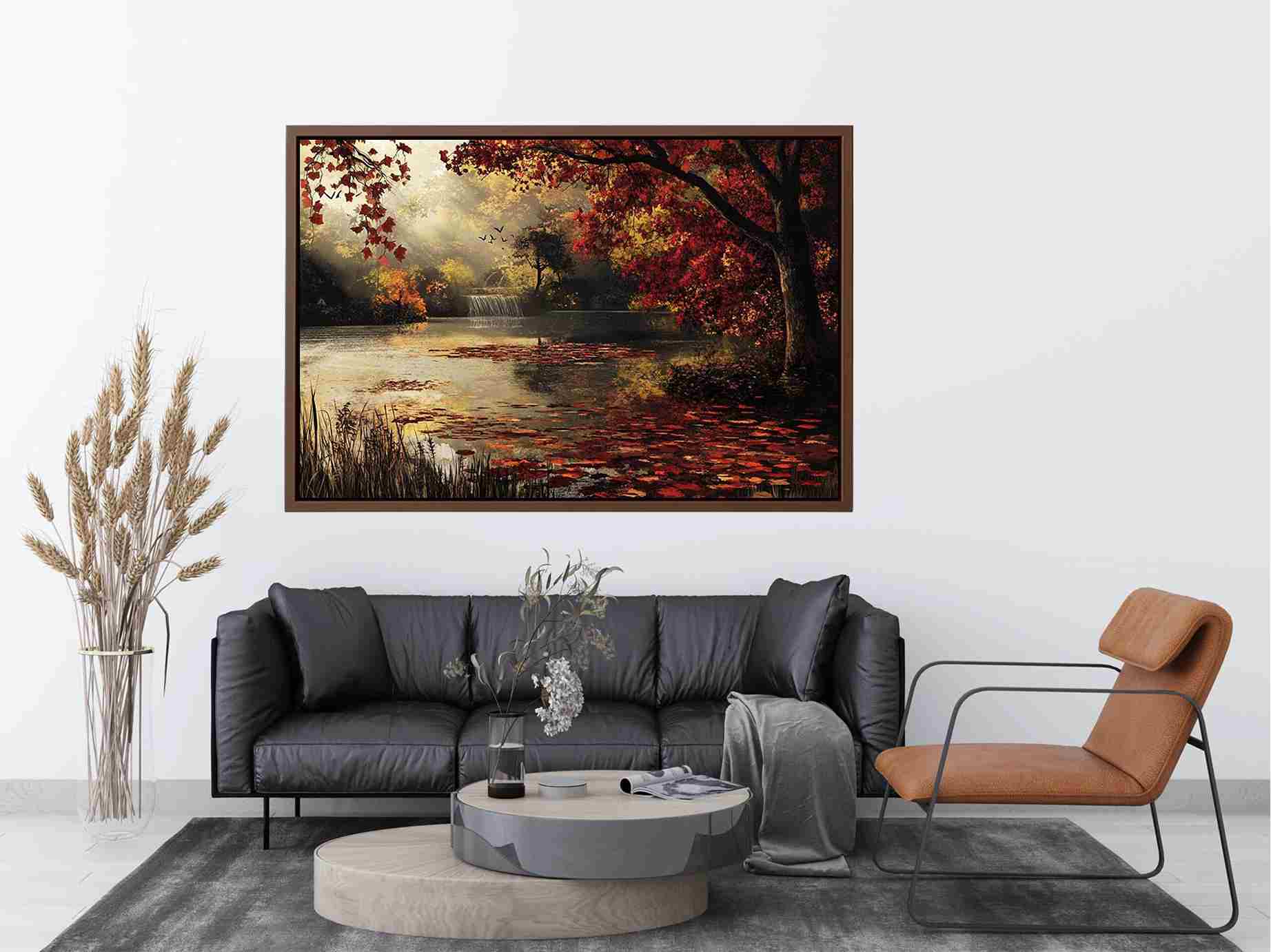 Autumn lake and waterfall landscape Canvas Print