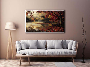 Autumn lake and waterfall landscape Canvas Print