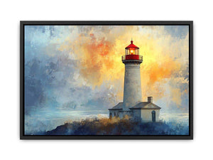 Modern lighthouse Canvas Print with blue and gold coastal fog