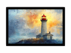 Modern lighthouse Canvas Print with blue and gold coastal fog