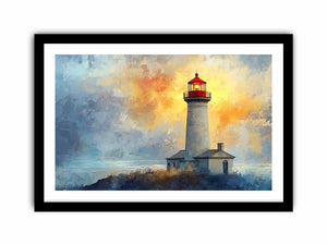 Modern lighthouse Canvas Print with blue and gold coastal fog