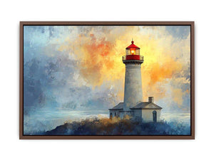 Modern lighthouse Canvas Print with blue and gold coastal fog