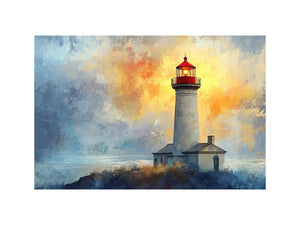 Modern lighthouse Canvas Print with blue and gold coastal fog