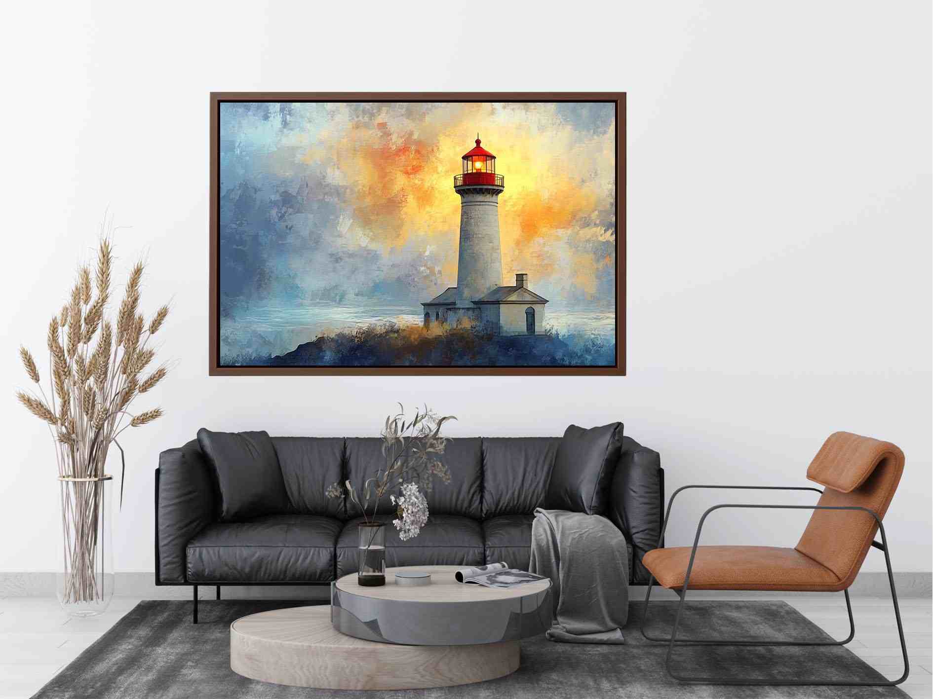 Modern lighthouse Canvas Print with blue and gold coastal fog