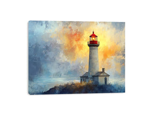 Modern lighthouse Canvas Print with blue and gold coastal fog