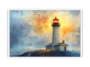 Modern lighthouse Canvas Print with blue and gold coastal fog