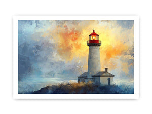 Modern lighthouse Canvas Print with blue and gold coastal fog
