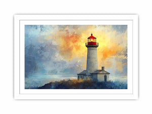 Modern lighthouse Canvas Print with blue and gold coastal fog