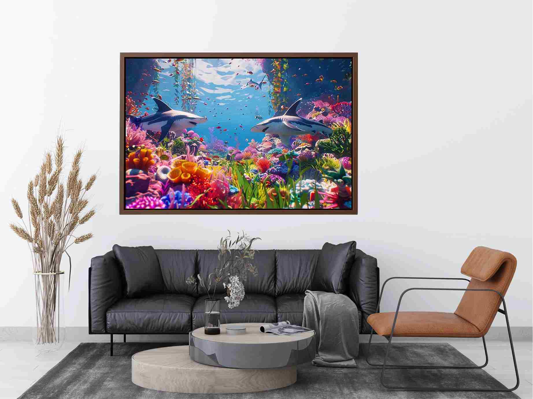 Colorful shark reef Canvas Print with tropical marine life and vibrant coral