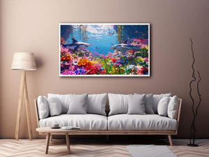 Colorful shark reef Canvas Print with tropical marine life and vibrant coral