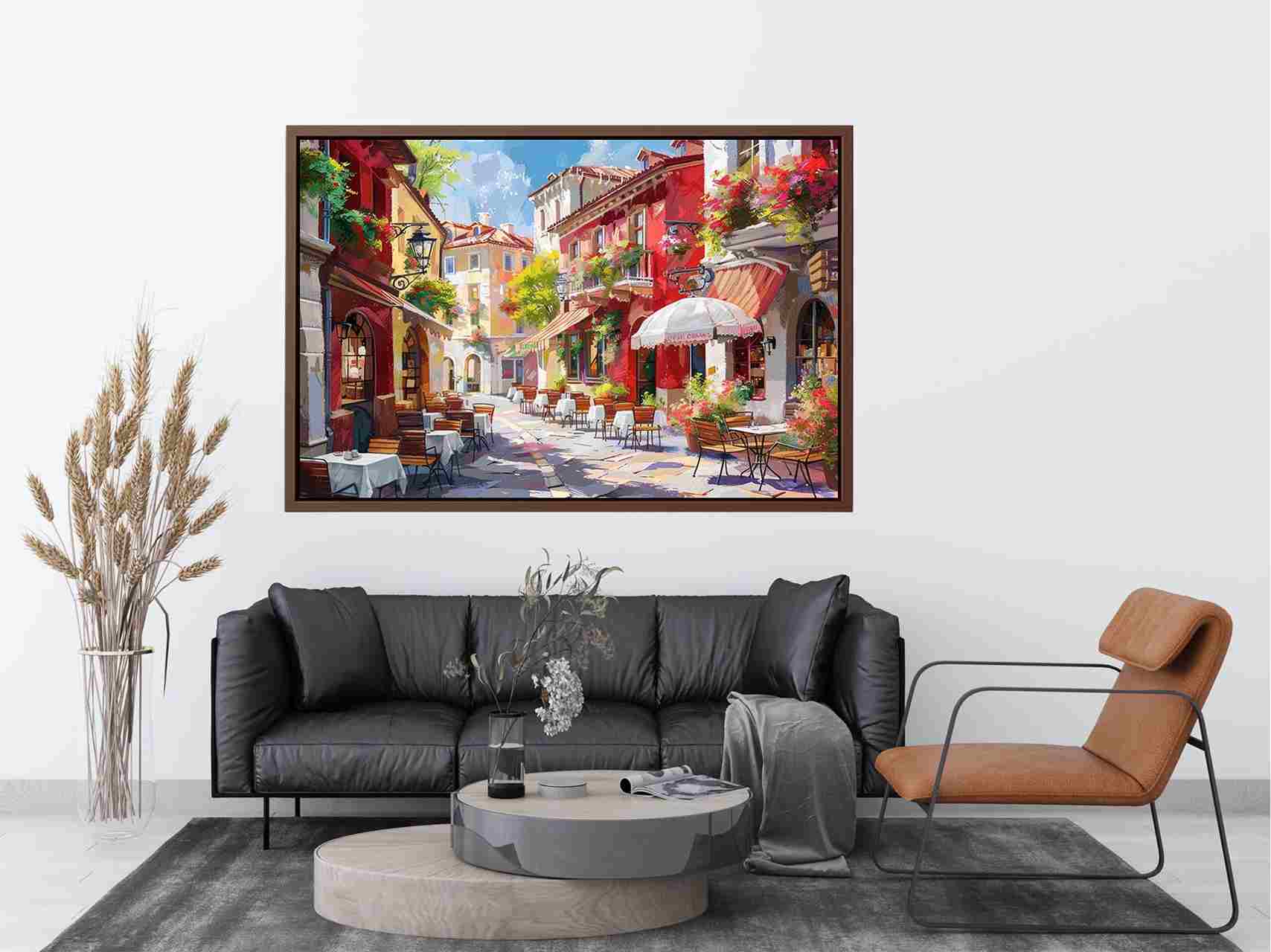 Colorful European cafe street Canvas Print