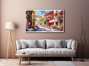 Colorful European cafe street Canvas Print