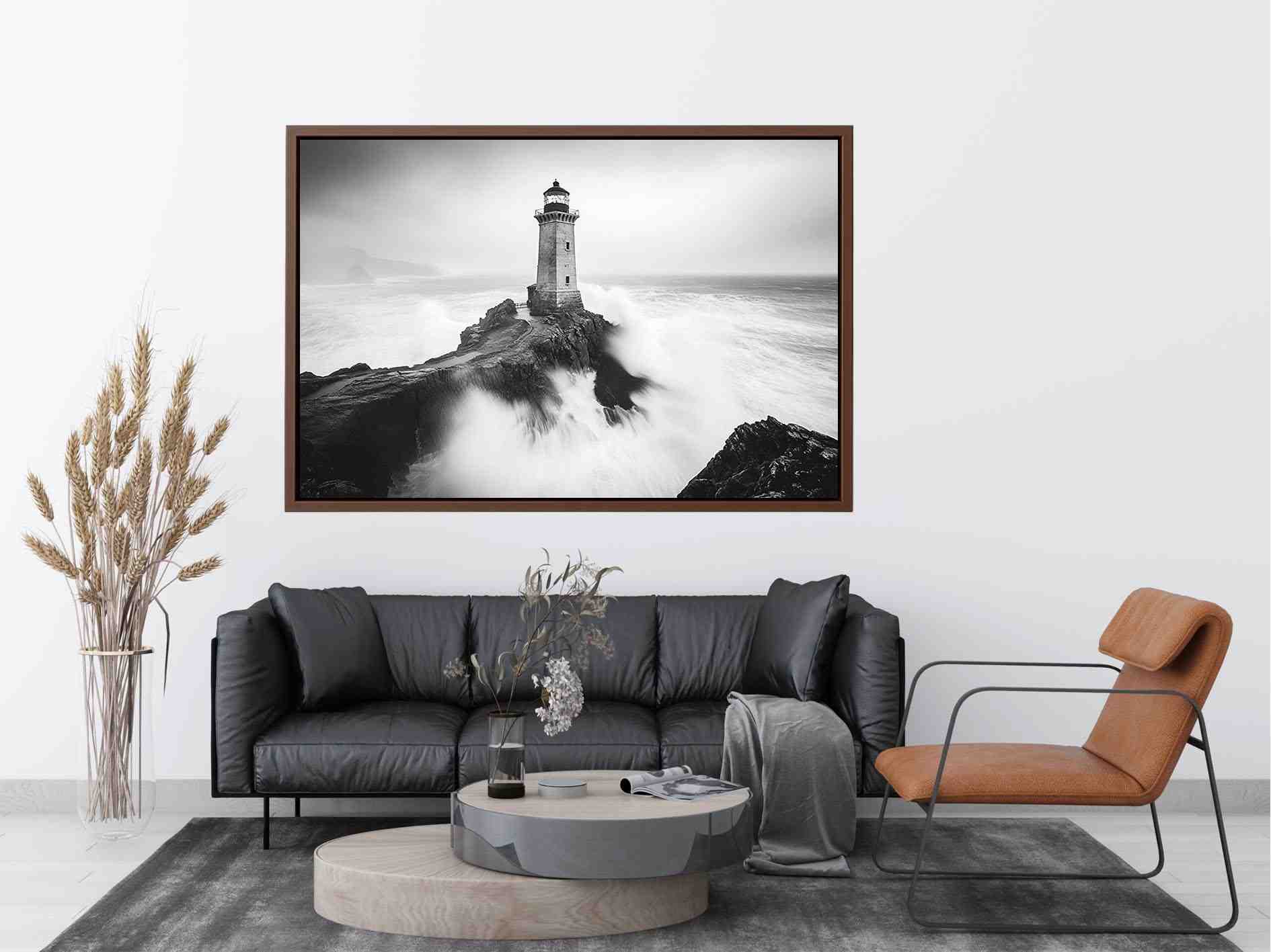 Black and white lighthouse Canvas Print with storm waves