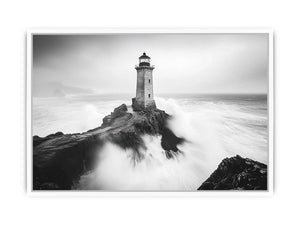 Black and white lighthouse Canvas Print with storm waves