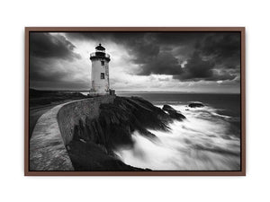 Moody black and white lighthouse Canvas Print with storm clouds