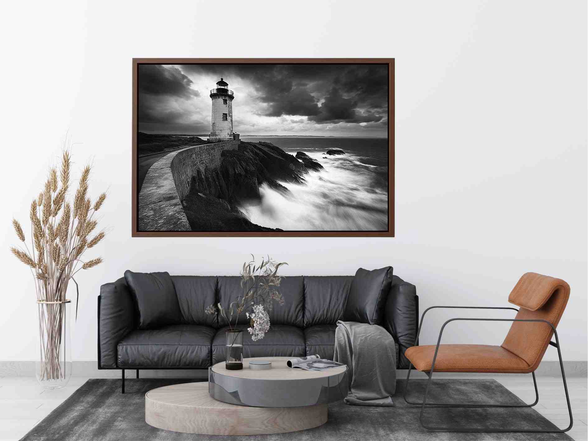 Moody black and white lighthouse Canvas Print with storm clouds