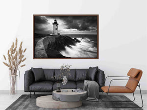 Moody black and white lighthouse Canvas Print with storm clouds