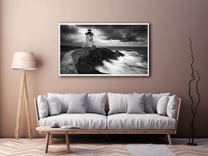 Moody black and white lighthouse Canvas Print with storm clouds
