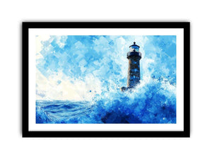 Blue watercolor lighthouse Canvas Print with ocean waves
