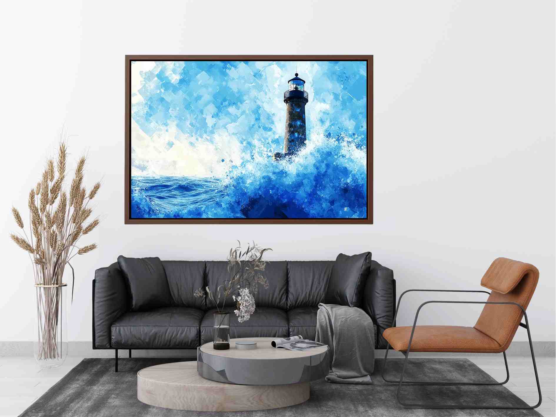 Blue watercolor lighthouse Canvas Print with ocean waves