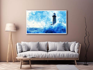 Blue watercolor lighthouse Canvas Print with ocean waves