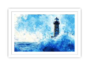 Blue watercolor lighthouse Canvas Print with ocean waves