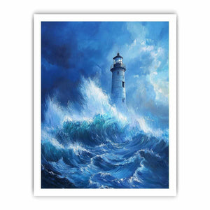 Stormy blue lighthouse Canvas Print with ocean waves