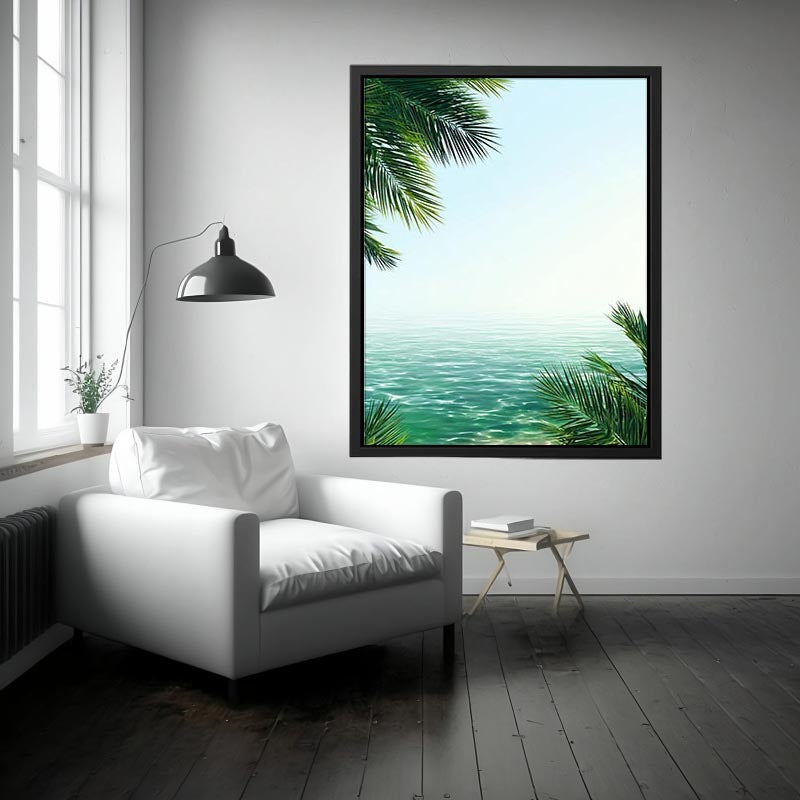 Minimal coastal ocean Canvas Print with palm leaves